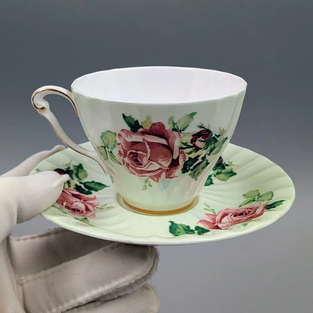Vintage Queen Anne Bone China Tea Cup and Saucer Set - Mint Green with Pink Cabb